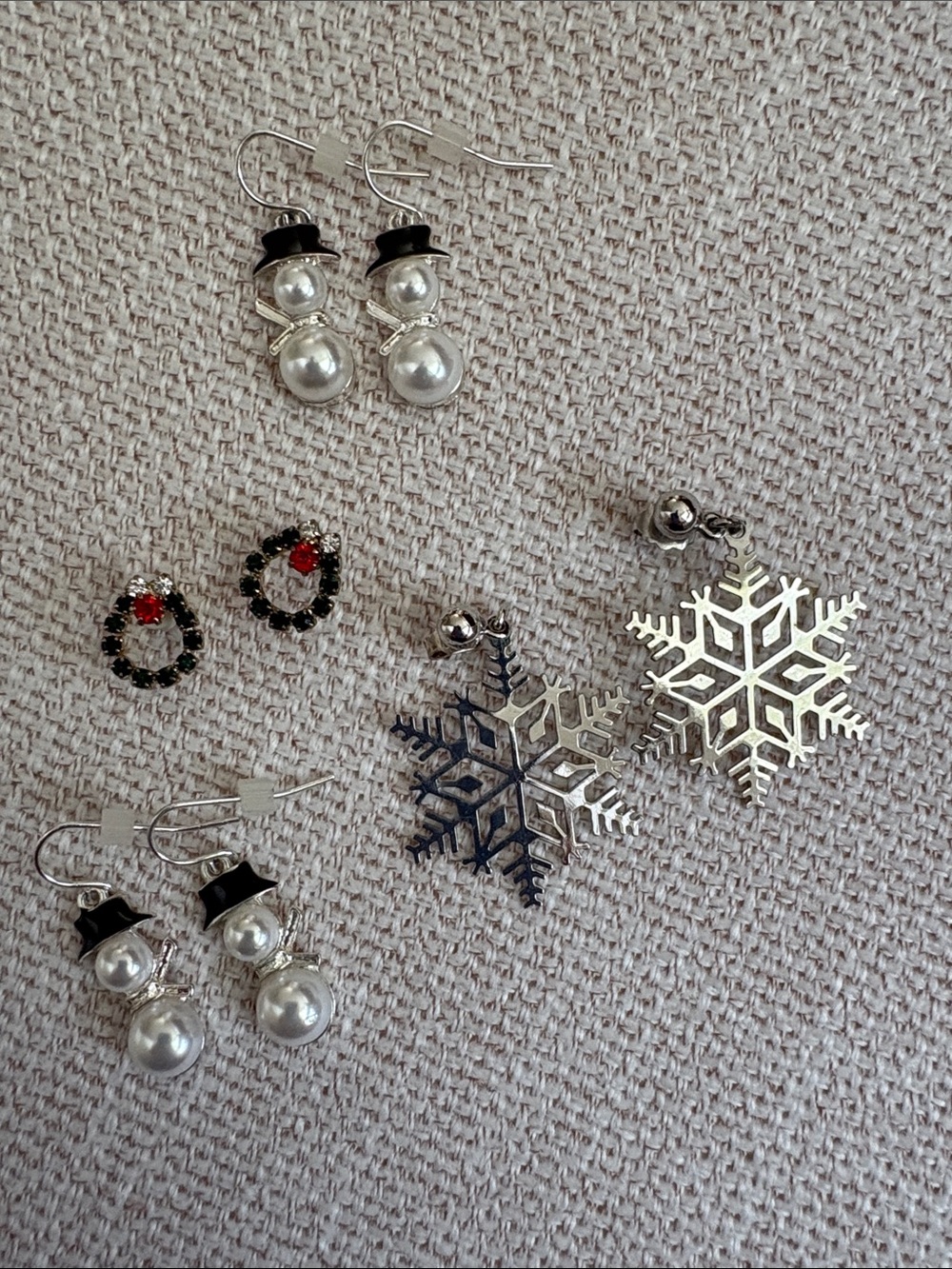 Holiday Earrings Bundle of 4 Pairs - Snowmen, Snowflakes and Wreath